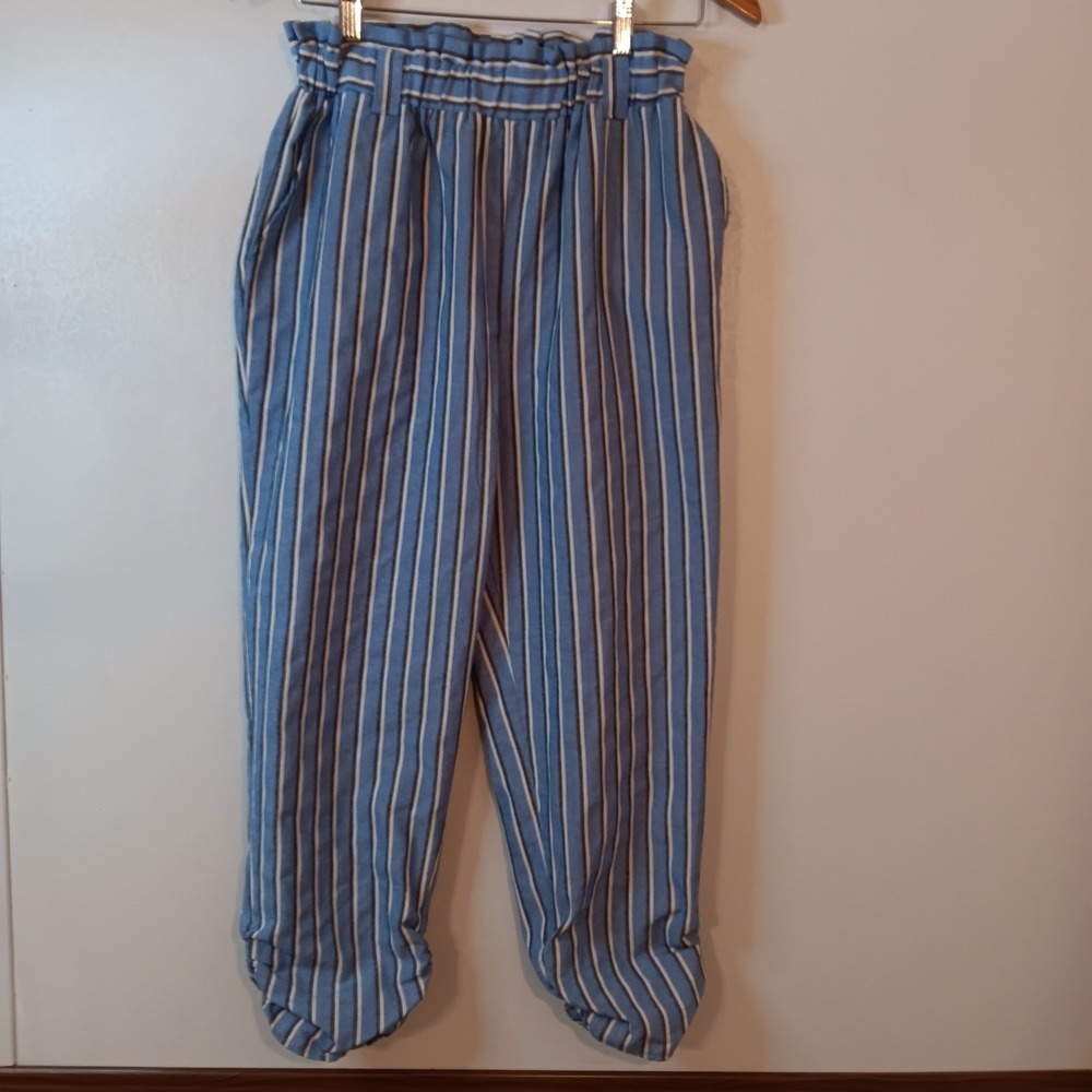 Robert Louis Striped Paper Bag Waist Pants‎ Blue White Black Linen Blend S